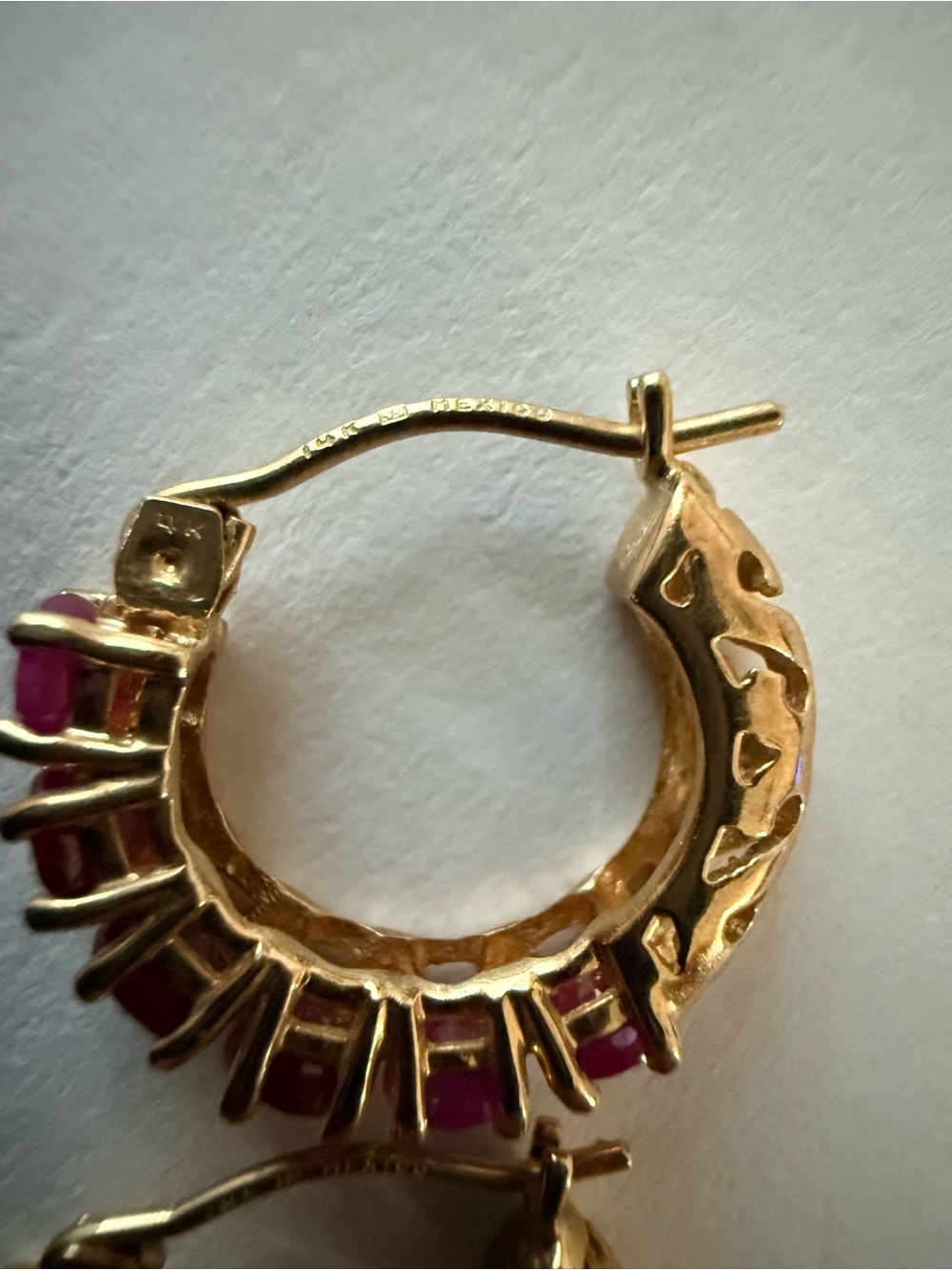 14k gold and Ruby Huggie Hoop Earrings - Picture 7 of 7